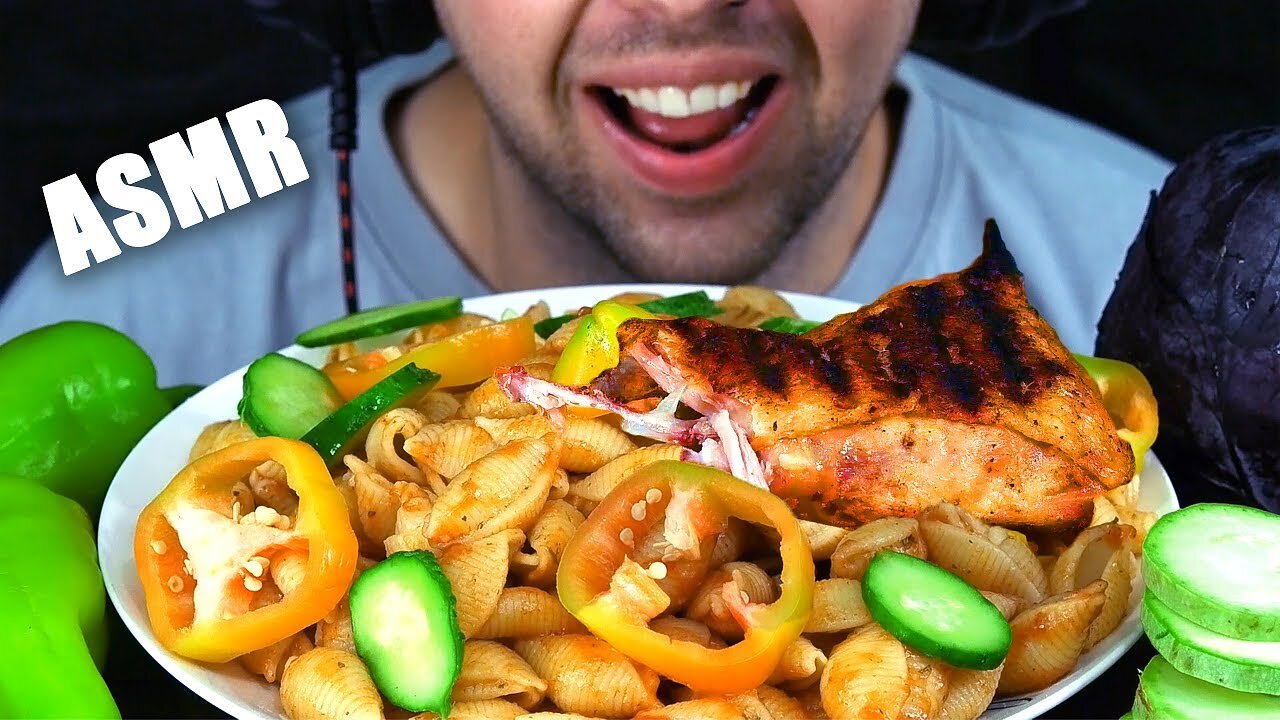 ASMR COOKING and EATING GRILLED BBQ CHICKEN + PASTA | EATING SOUNDS (NO TALKING) MUKBANG