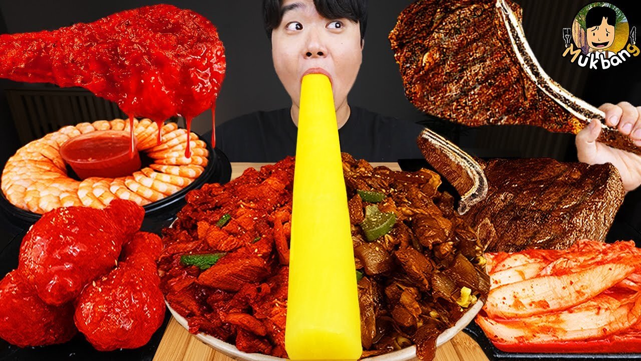 ASMR MUKBANG | Fried Chicken, steak, black bean noodles, kimchi Korean Food recipe ! eating