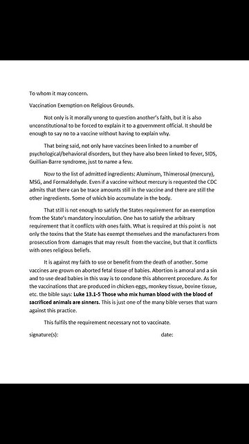 Vaccine Exemption Form on religion grounds