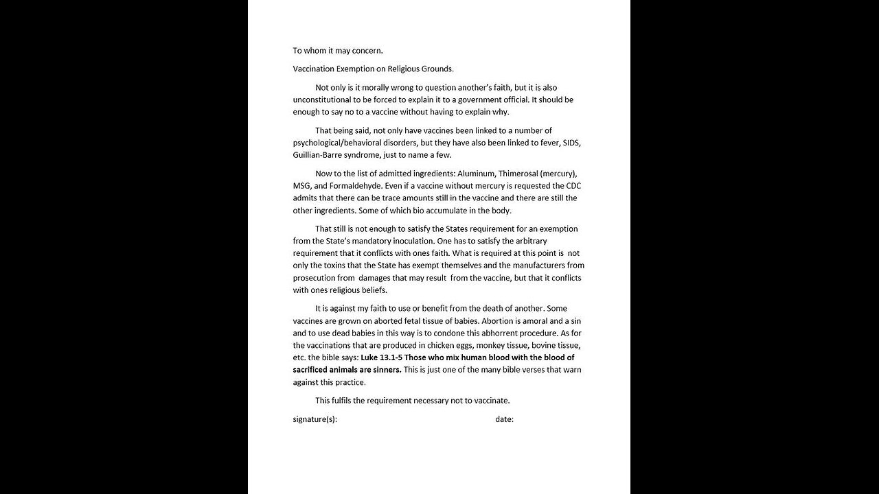 Vaccine Exemption Form on religion grounds