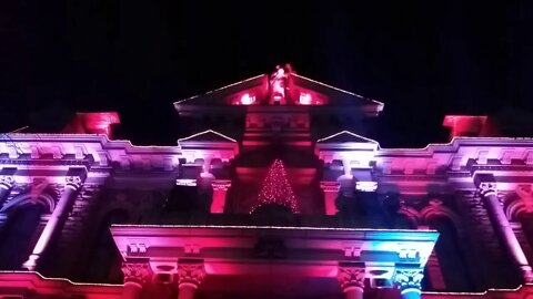 Dancing at the Dec 2020 Cambridge Ohio Courthouse Light Display