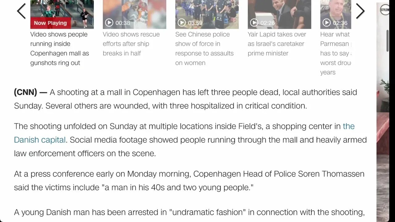 🟨 丹麥哥本哈根購物中心槍擊，包括3人死亡🟨