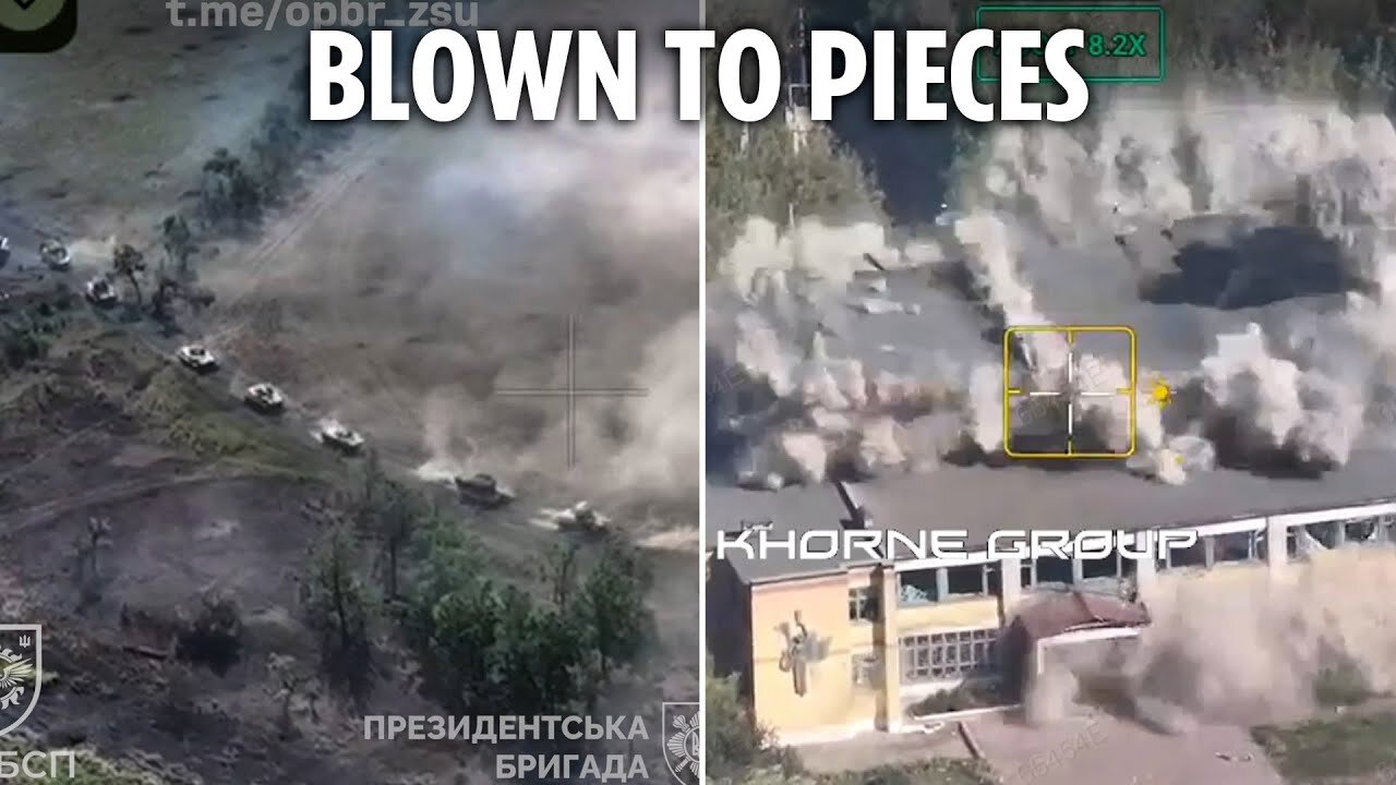 Ukrainian kamikaze drone swarm obliterates entire column of Russian armour