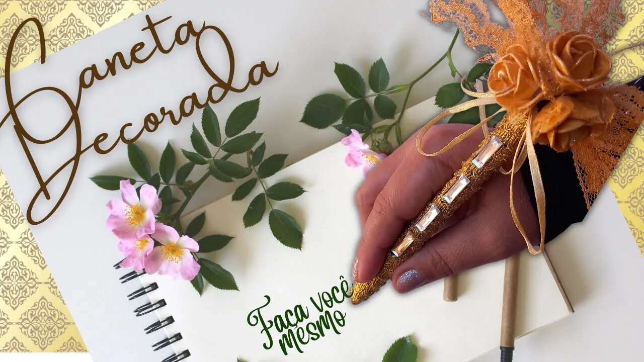 CANETA DECORADA COM RENDA DOURADA! DIY! DECORATED PEN!