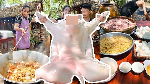 Chef Sros cook pig for large pan, Pork recipe with 100 eggs - Cooking with Sros