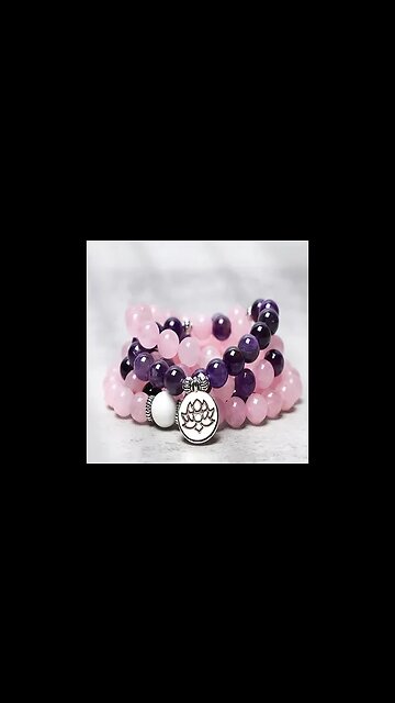 NATURAL ROSE QUARTZ AND AMETHYST MALA BEAD LOTUS PENDANT BRACELET