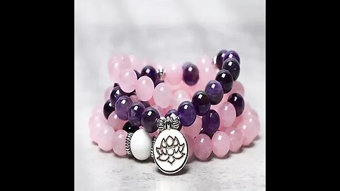 NATURAL ROSE QUARTZ AND AMETHYST MALA BEAD LOTUS PENDANT BRACELET