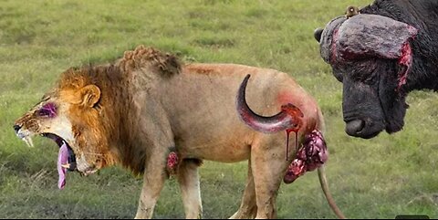 Buffalo attack on lion animals
