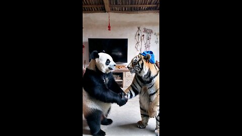 Giant cute Panda and Tiger are cooking noodle soup