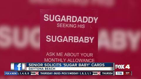 Senior man solicits "sugar baby" with business cards