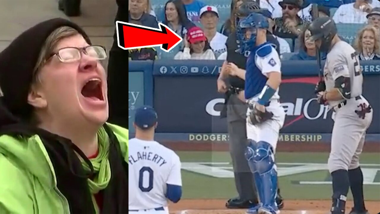 WOKE fans MELTDOWN as Trump supporter GOES VIRAL with MAGA HAT at Yankees Dodgers World Series Game!