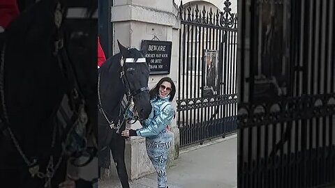 Tourist poses with the kings guards horse #thekingsguard