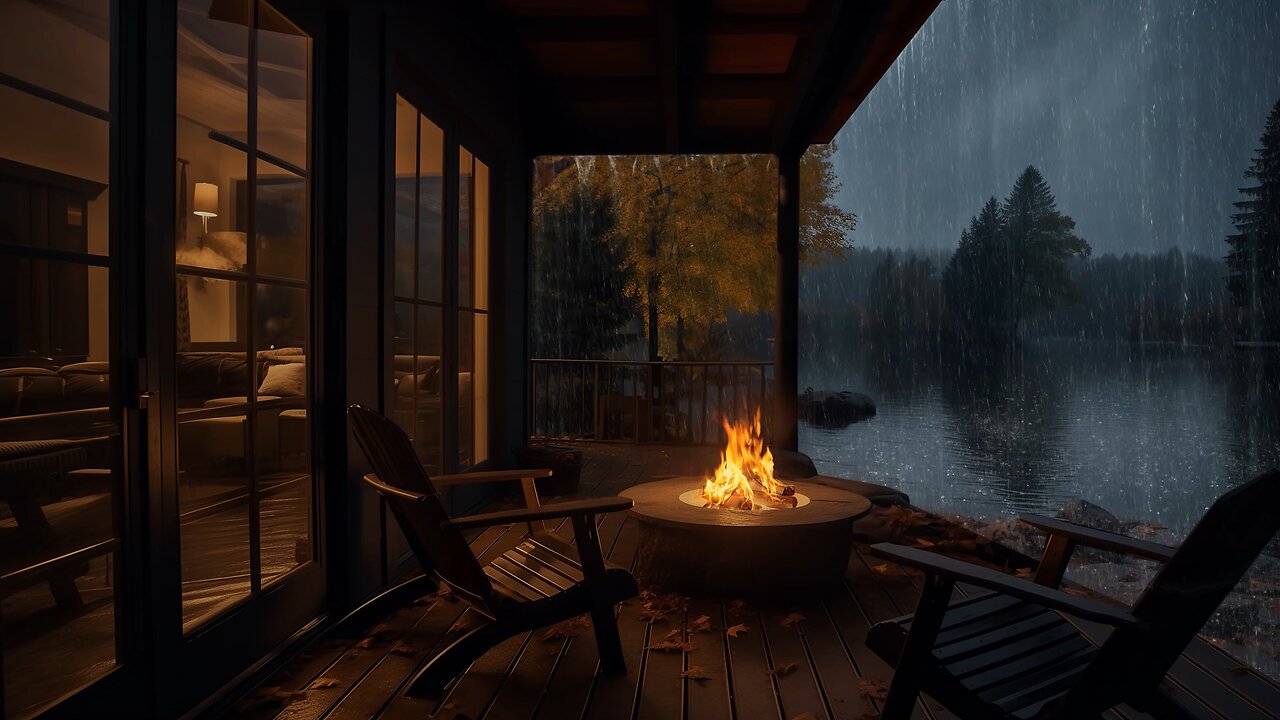 Cozy Rain on Lakeside Ambient with Gentle Rain falling and Relaxing Fireplace to Meditation & Sleep