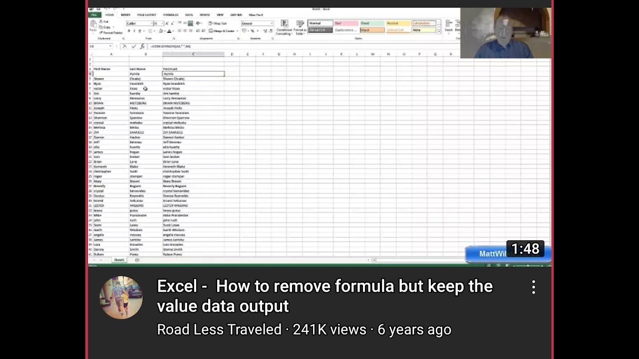 Excel - How to remove formula but keep the value data output