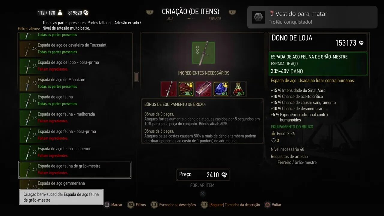 Vestido para matar - Desbloqueie o bônus por equipar todos os elementos do equipamento de bruxo