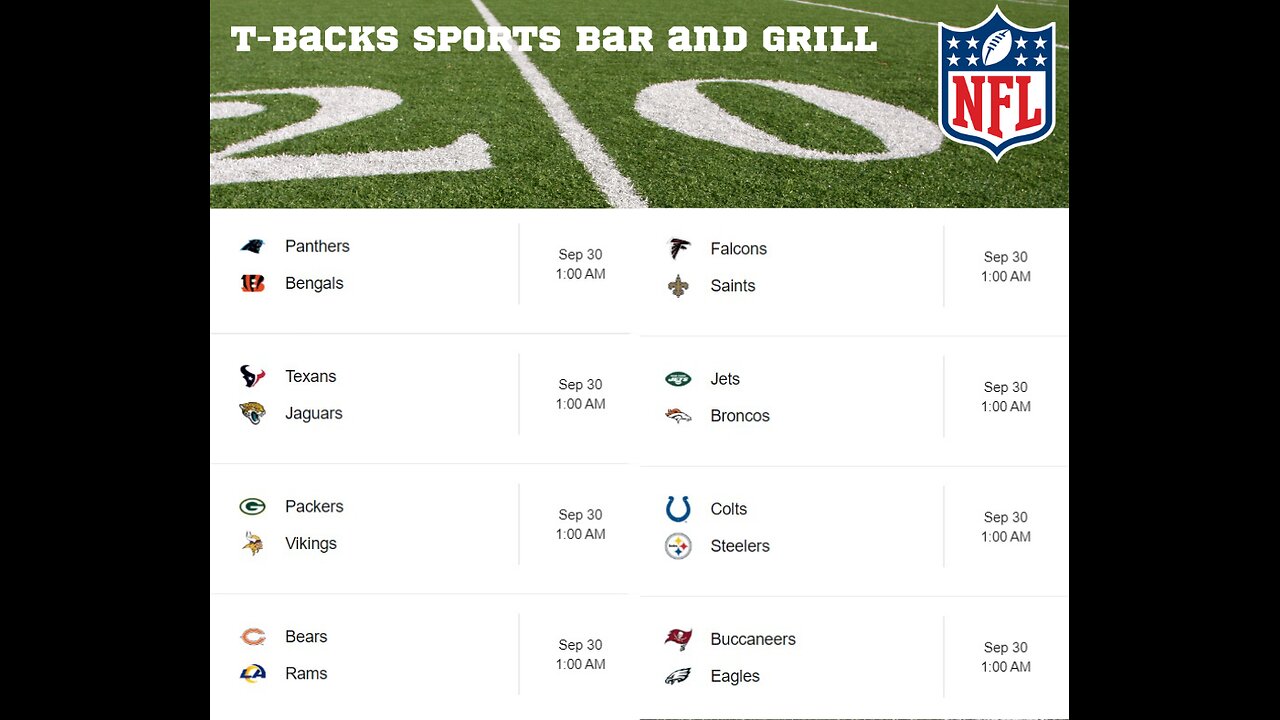 T-Backs Sports Bar and Grill Sports Schedule and quesadilla special for Monday Sept 30, 2024