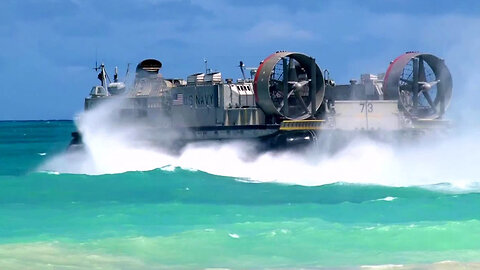 Amazing!! US Navy LCAC Hovercraft Land on Beach, Unload Equipment, Return to Aircraft Carrier