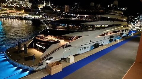 Ahpo by Lürssen Yachts and Porject X at nighttime at Monte Carlo at the Momaco Yacht Show [4k 60p]