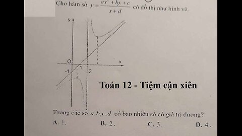 Toán 12: Tiệm cận xiên: Cho hàm số y=(ax^2+bx+c)/(x+d) có đồ thị. Bao nhiêu hệ số dương