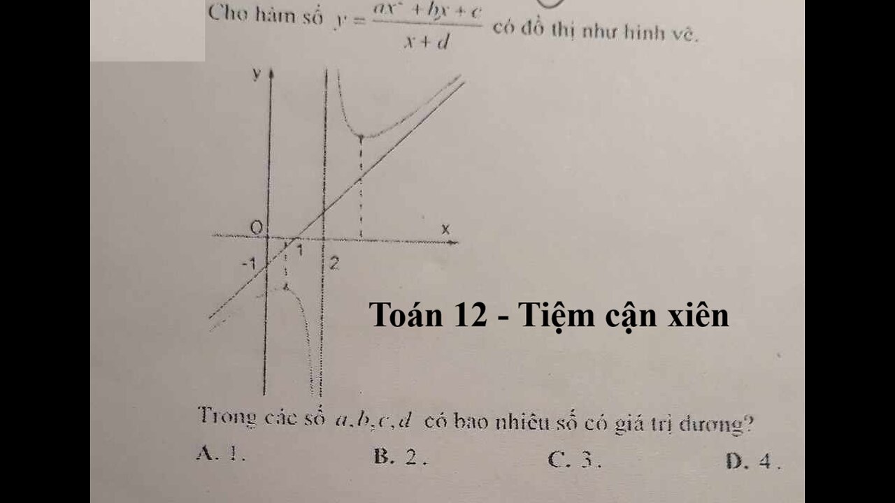 Toán 12: Tiệm cận xiên: Cho hàm số y=(ax^2+bx+c)/(x+d) có đồ thị. Bao nhiêu hệ số dương