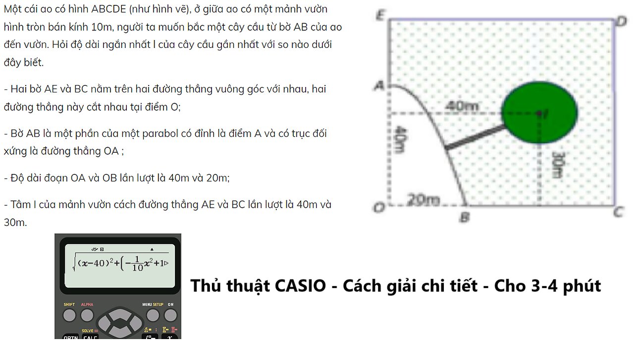 Toán 12: CASIO: Một cái ao có hình ABCDE (như hình vẽ), ở giữa ao có một mảnh vườn