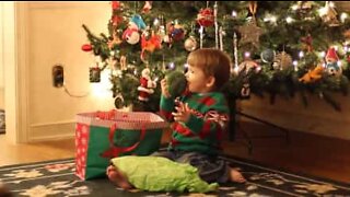 Un petit garçon est ravi de recevoir des fruits et des légumes à Noël