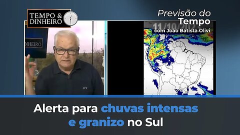 Alerta para chuvas intensas e granizo no Sul, com destaque para Santa Catarina e Paraná.