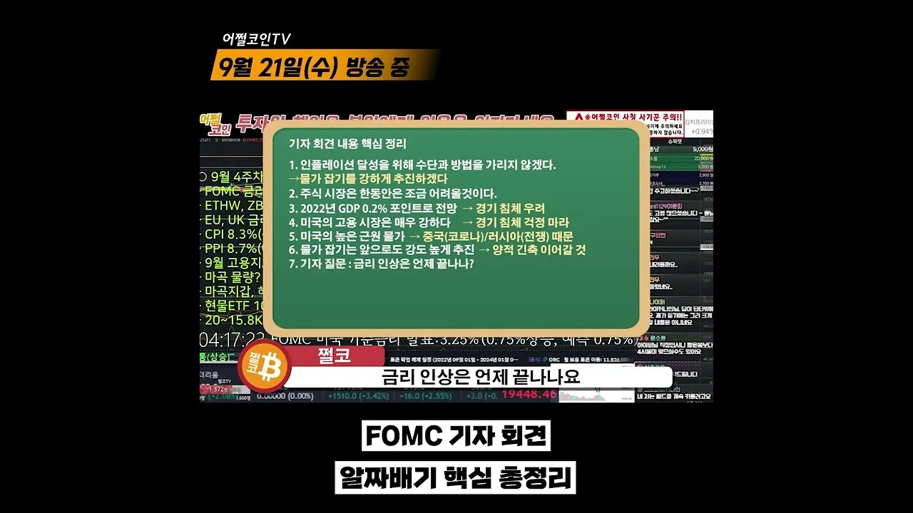 FOMC 1분 요약 투자의 모든것 | 비트코인 실시간 생방송 9월21일 쩔코TV #shorts #쇼츠