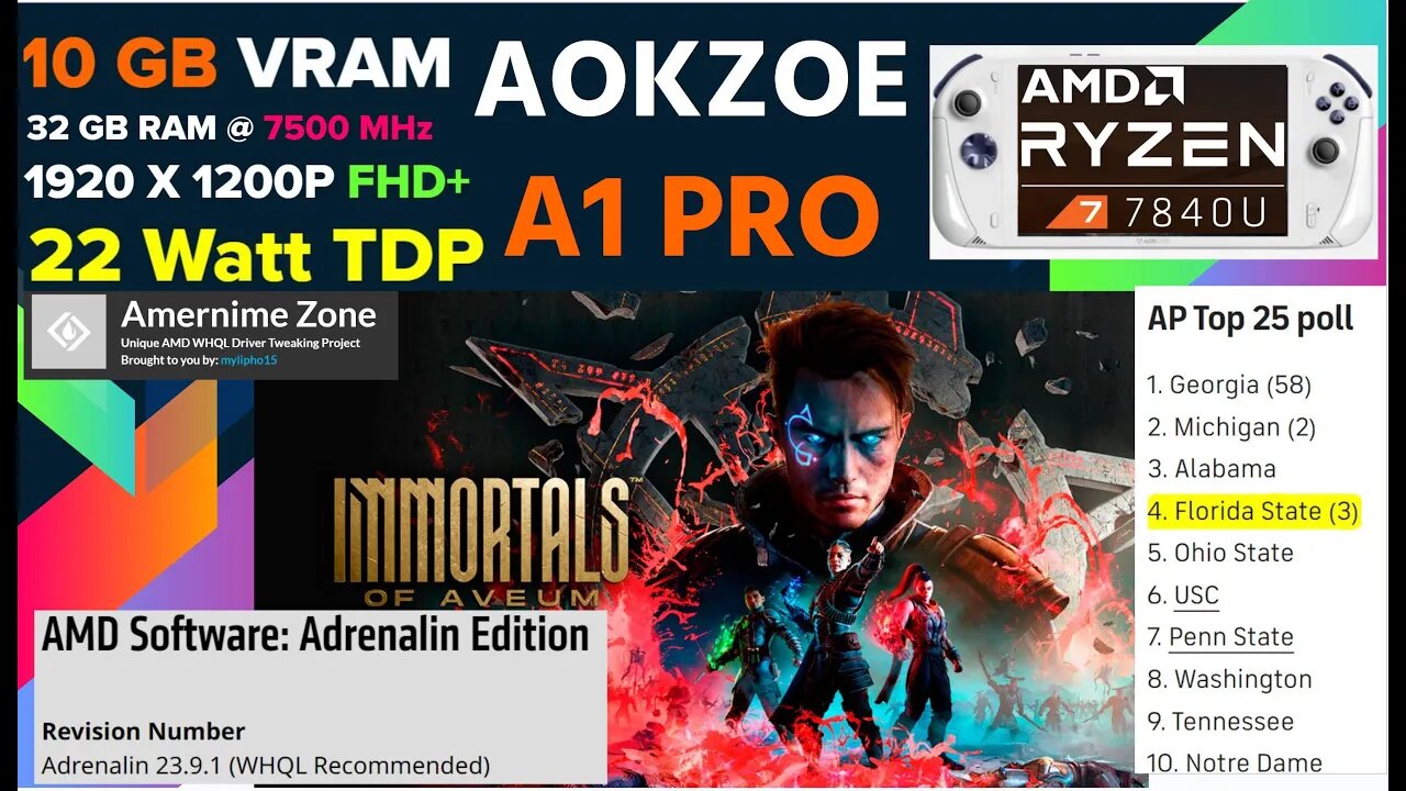 Immortals of Aveum running on AOKZOE A1 Pro 10 GB VRAM/***AMD Adrenalin 23.9.1 Official Drivers***