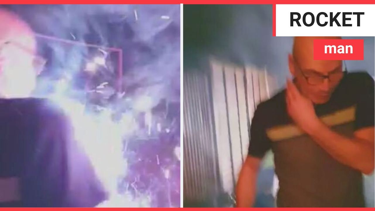 This is the hilarious moment a firework display backfires and a man is hit by a rocket