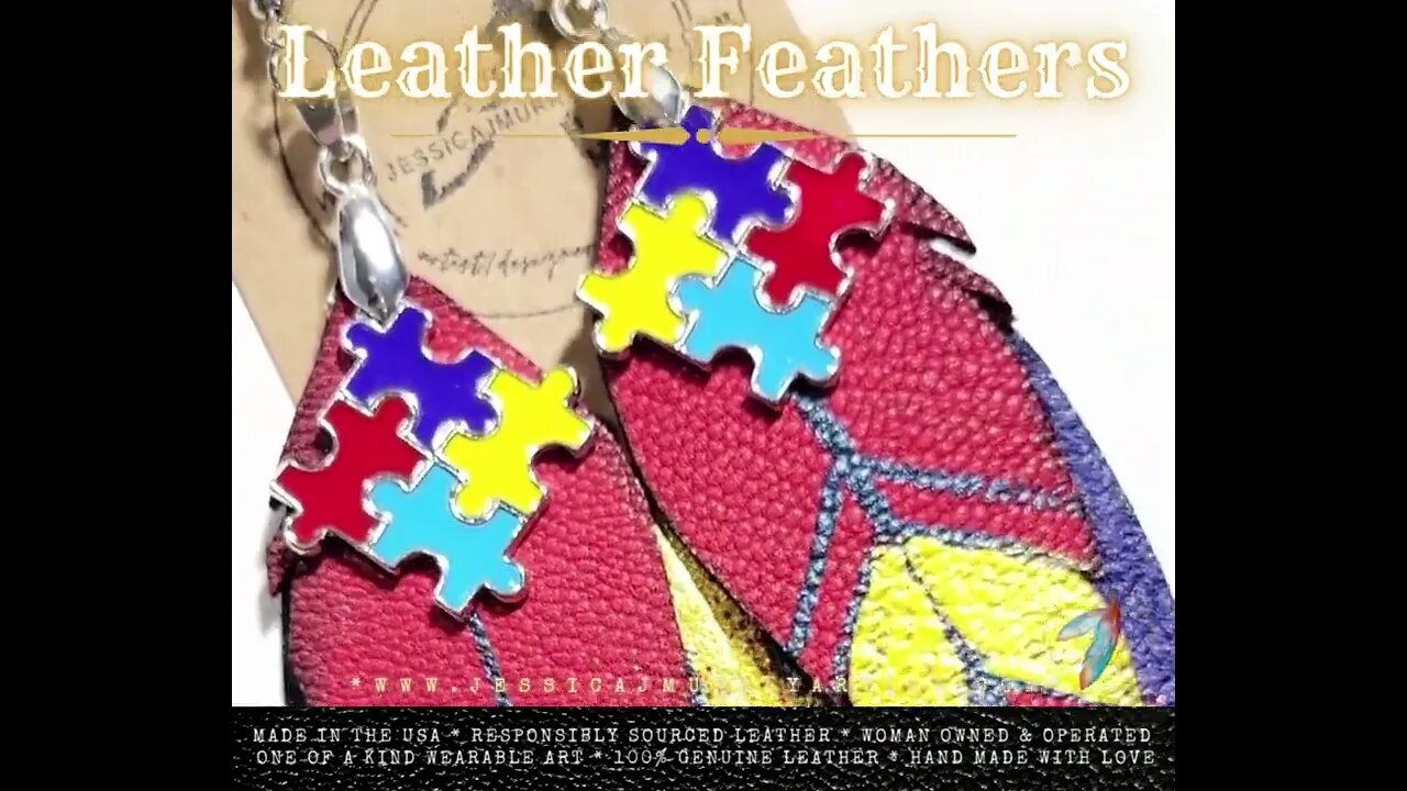 Puzzle Piece Autism Awareness, 4 inch, leather feather earrings