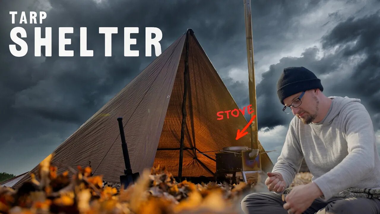 HOT tarp survival shelter with stove