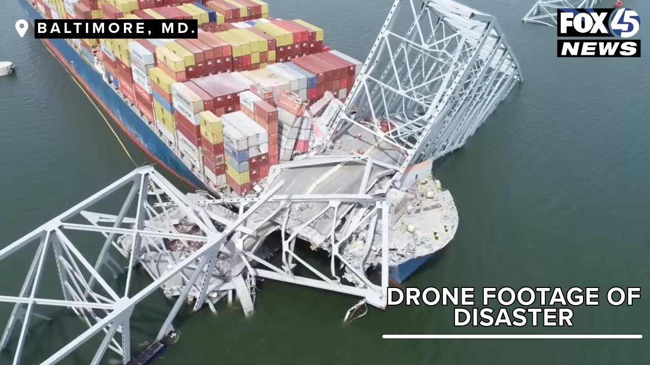 Baltimore bridge collapse NTSB official drone footage of ship disaster in harbor