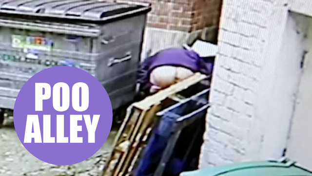 Disgusting moment man captured on CCTV taking a poo by bins behind a furniture shop