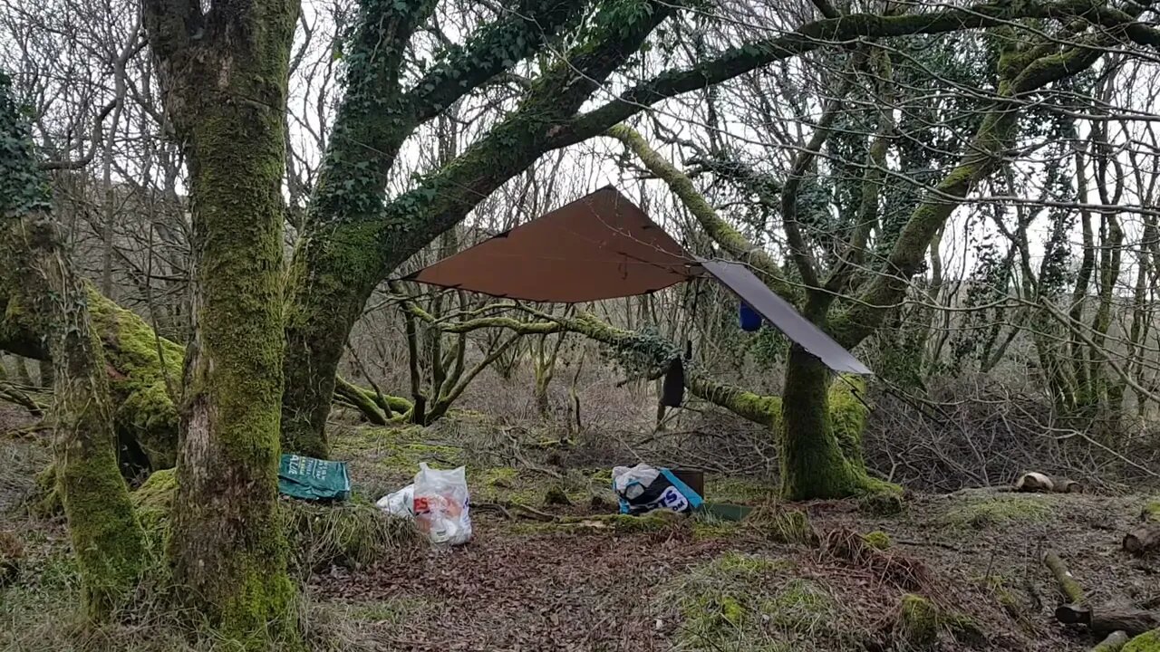 moving gear from underneath the DD hammocks 3x3 tarp. Dartmoor 26th March 2023