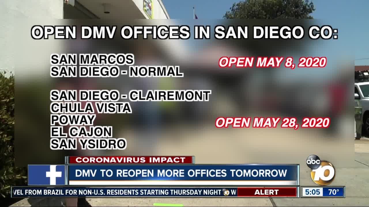 More San Diego DMV offices to reopen Thursday