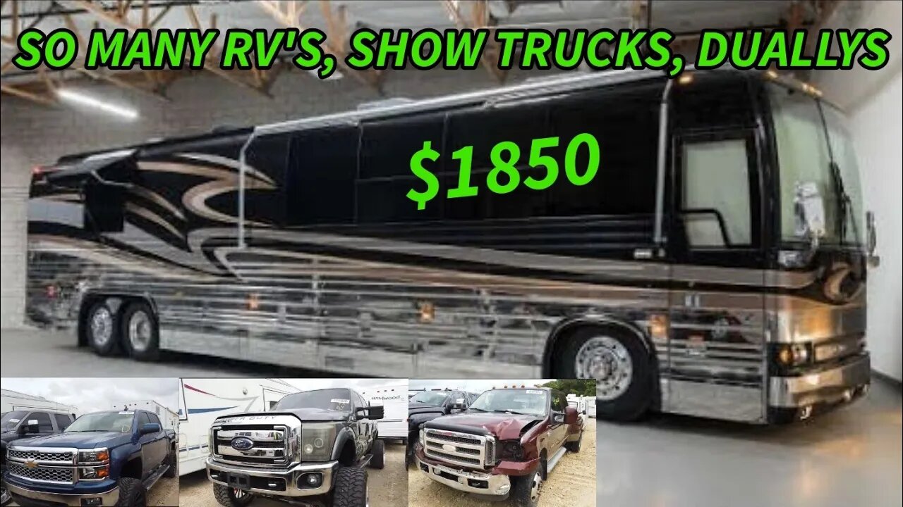 So Many RV's Cheap, Show Trucks, Duallys, and Semi Trucks Copart Walk Around