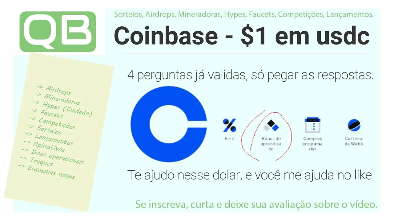 CanalQb - Exchange Coinbase - $1 USDC de presente pra você