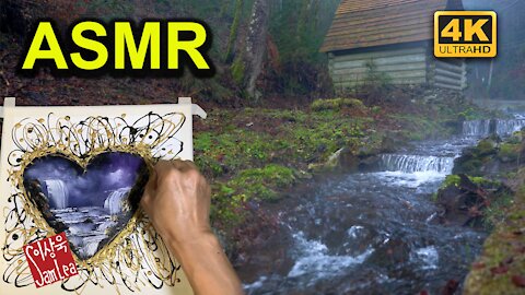 ASMR Waterfall Painting with Water and Bird Sound