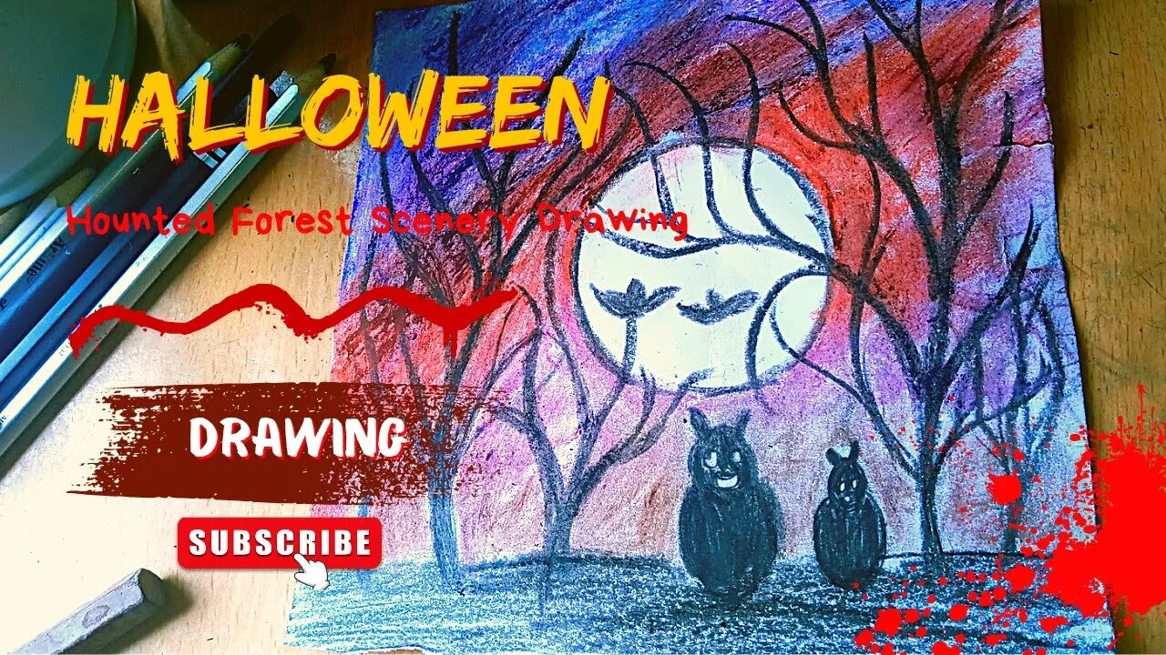 Hounted Forest Scenery Drawing with Oil Pastels for Halloween | Halloween Drawing with Oil Pastels