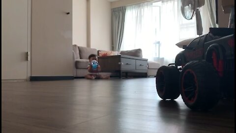 Funny- baby scared of remote control car