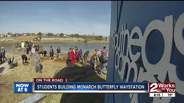 Students building monarch butterfly waystation