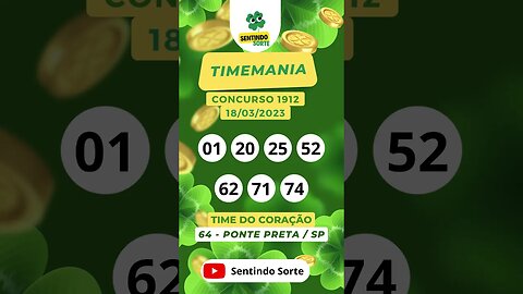 🍀 Resultado TIMEMANIA 1912 | Sentindo Sorte #shorts