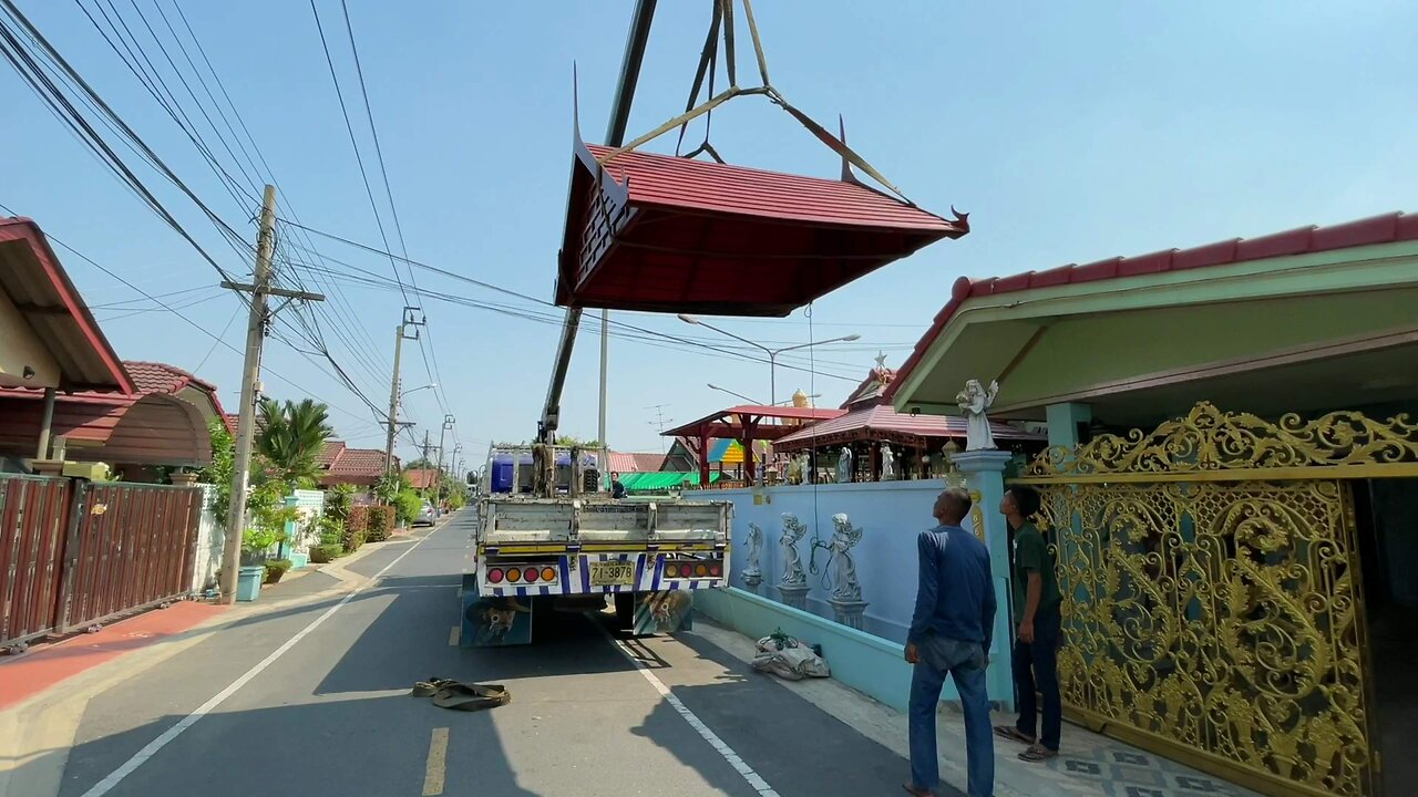 We had to use a Crane Truck to lift the Sala Roof in Thailand