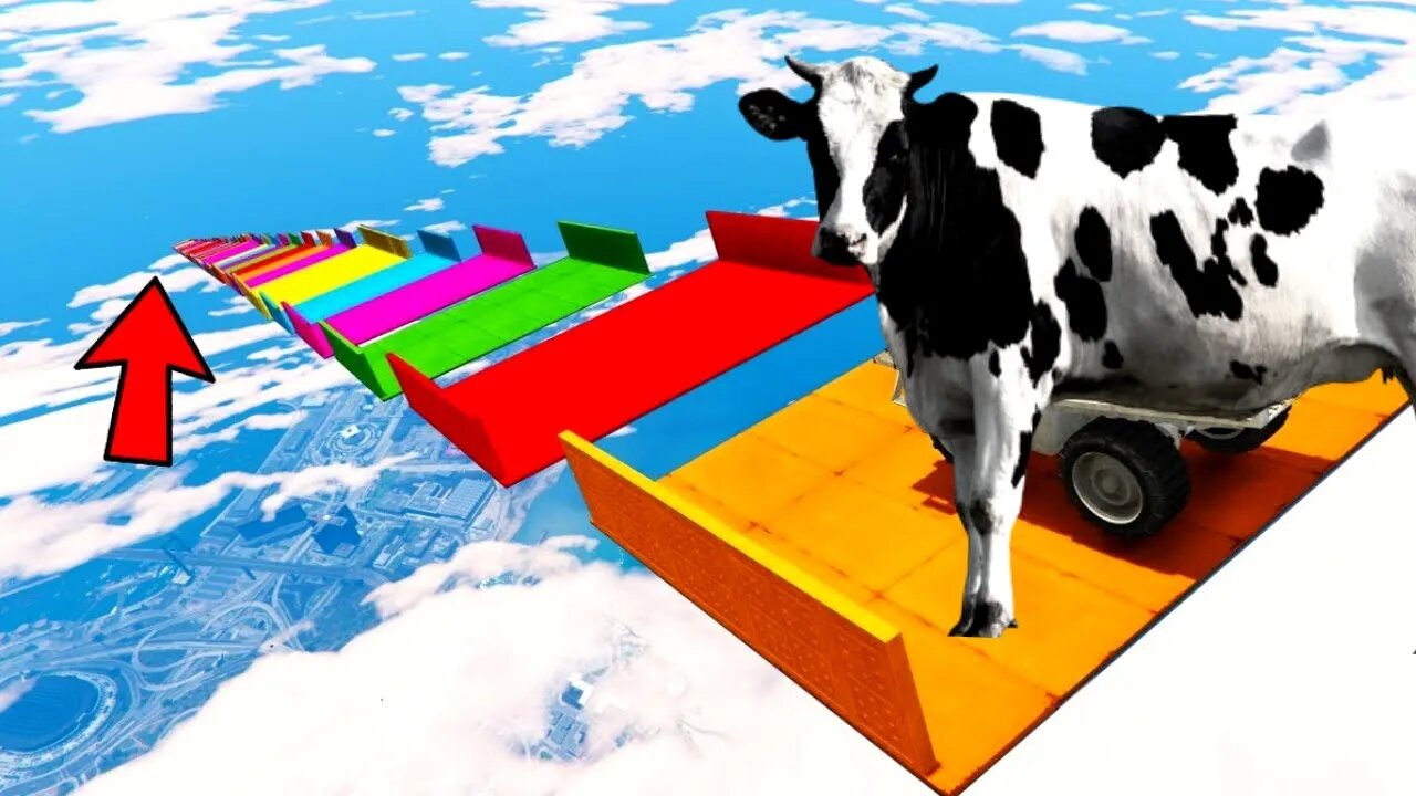 World’s Largest Sky Ramp! LONGEST DON'T MOVE OR DIE MEGA RAMP GTA 5 Cow Racing Game