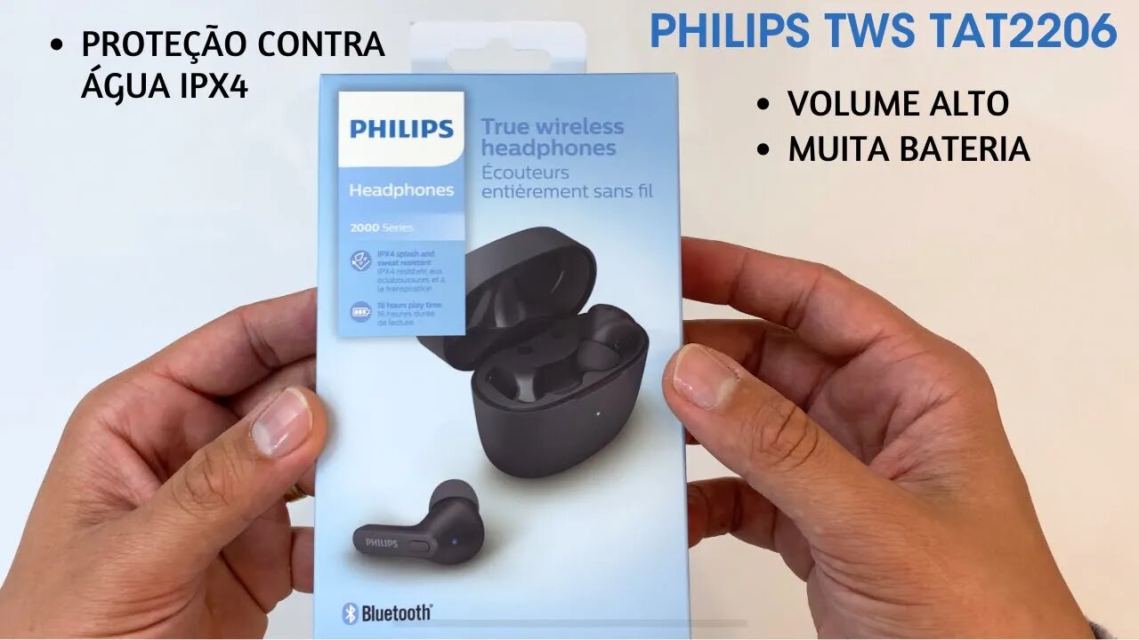 Unboxing e teste, do fone Philips TWS TAT2206 IPX4, fones Bluetooth