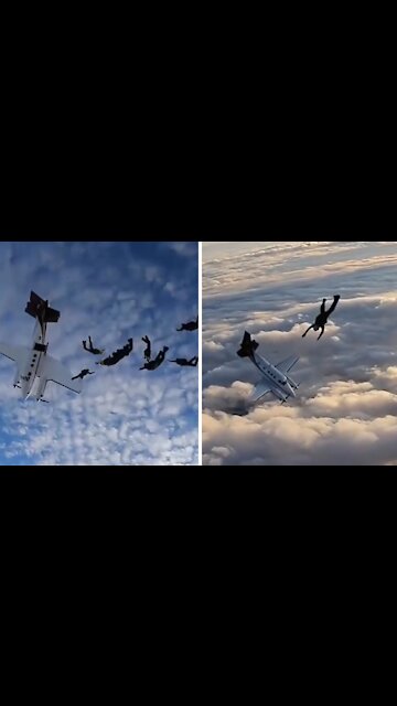 Skydivers' plane goes into free fall and spins past them after it stalls