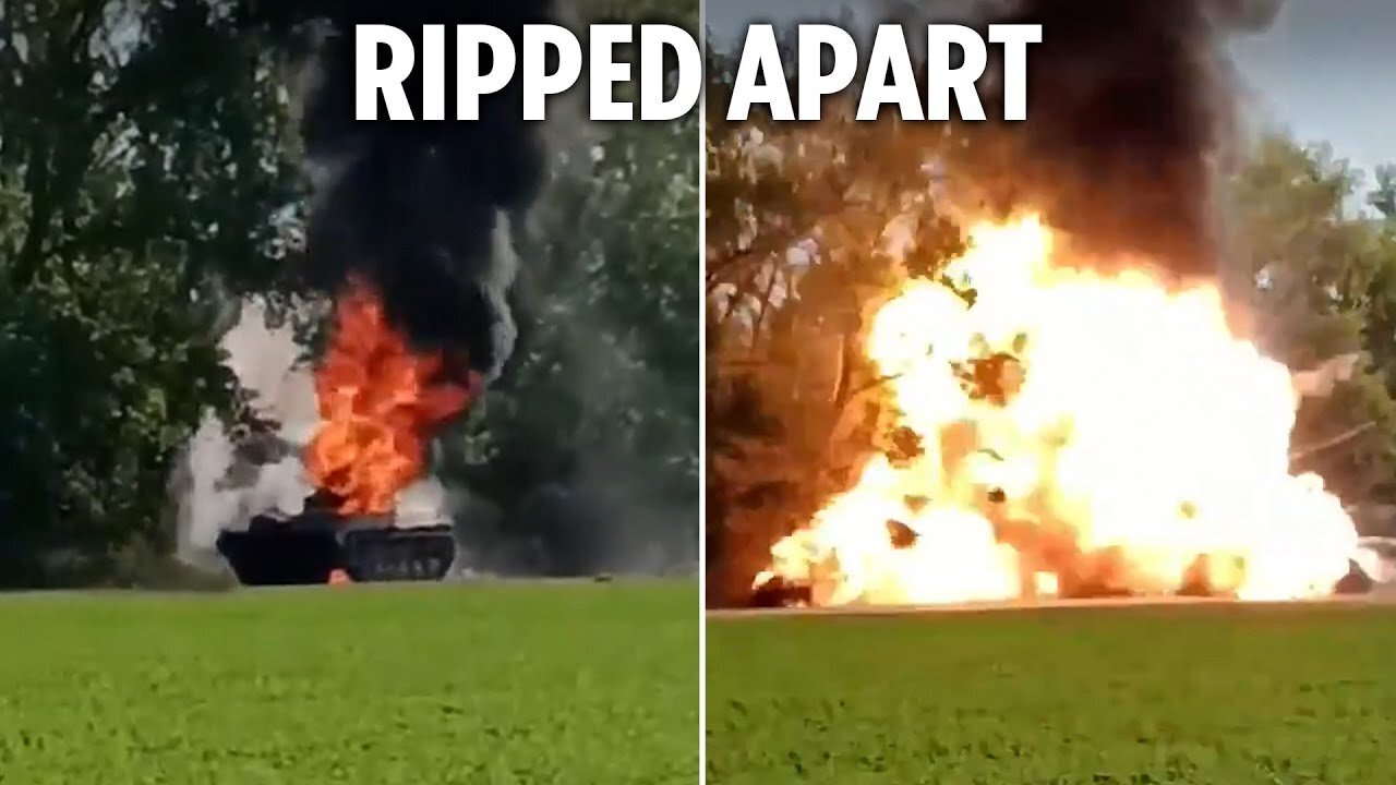 Colossal blast as flaming Russian armoured vehicle explodes after being disabled in Ukrainian ambush