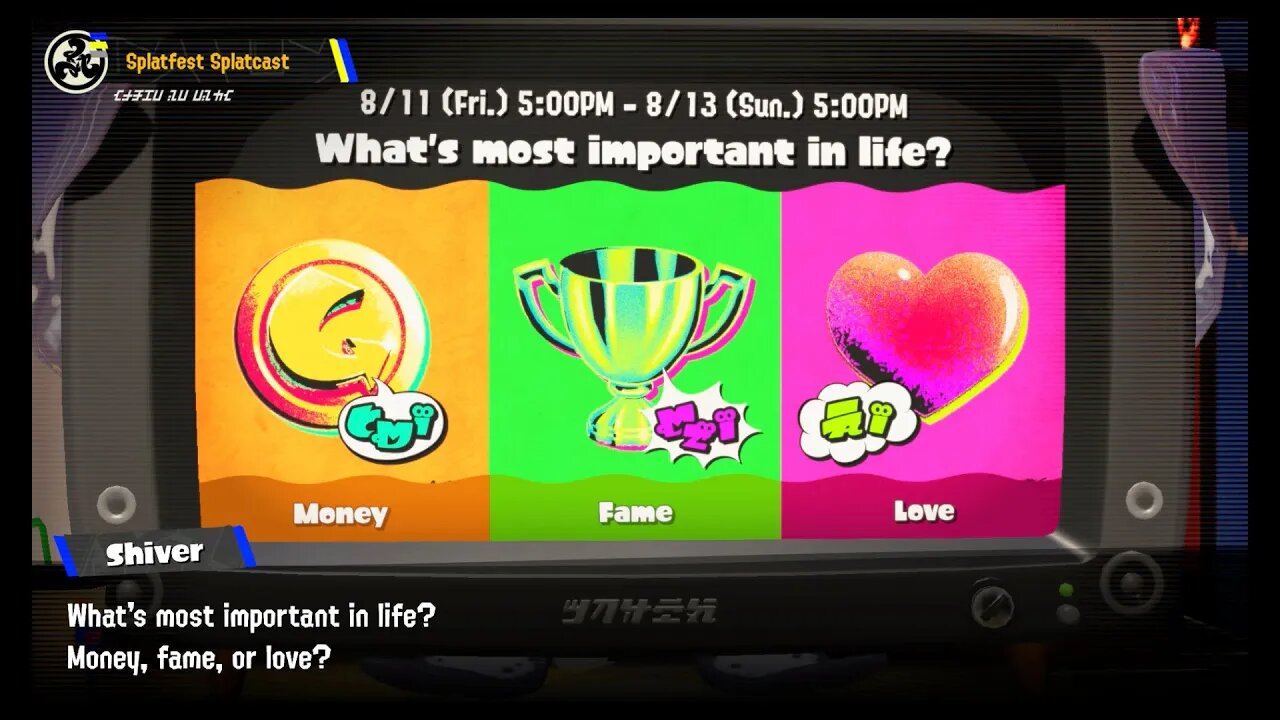 Splatoon 3 - Splatfest #8 (Global) Announcement: Money vs. Fame vs. Love