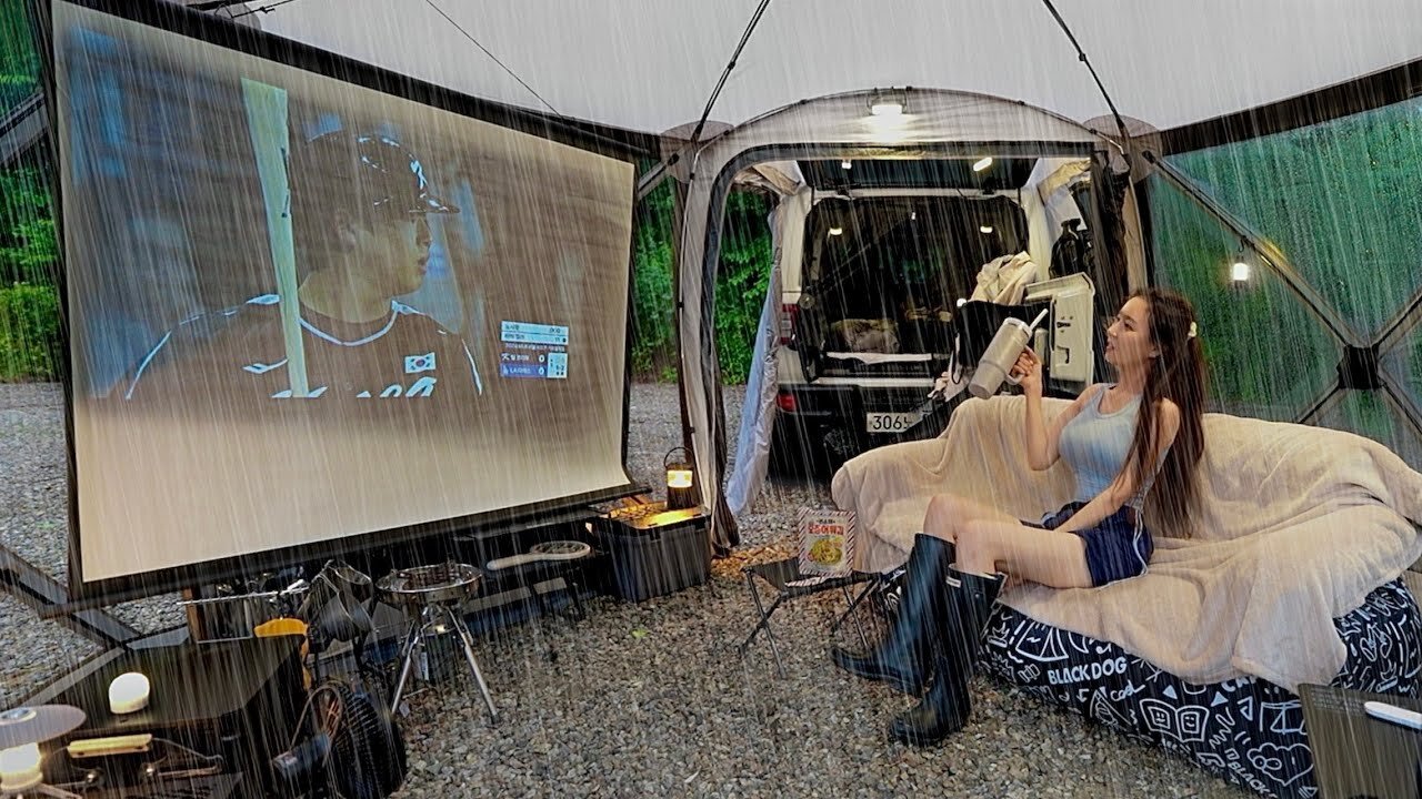 Solo camping while watching baseball in a cozy tent in the rain ASMR